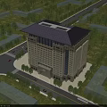Aerial View of Modern Office Building with Dark Roof Green Landscaping and Surrounding Trees