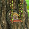 Magical Tree Hole Swing House With Green Vines On Large Tree Trunk