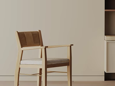 Modern Wooden Dining Chair With Armrest And Light Upholstered Seat In Interior 3d model