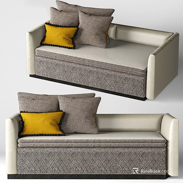 Light Colored Two seater Sofa With Yellow And Gray Patterned Cushions And Storage 3d model