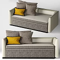 Light Colored Two seater Sofa With Yellow And Gray Patterned Cushions And Storage 3d model