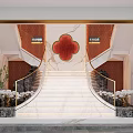Elegant Modern Chinese Staircase With Marble Steps Golden Handrails Red Decor And Plant Accents