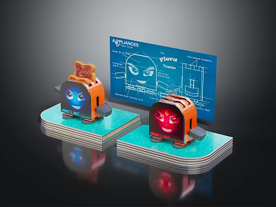 Colorful Electronic Appliance Toasters With Blue Red Smiley Faces And KyotoNica Blueprints 3d model