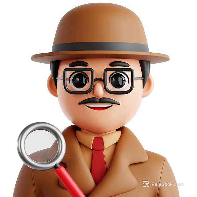 Man Wearing Brown Hat Glasses Mustache With Brown Trench Coat Red Tie And Magnifying Glass 3d model 