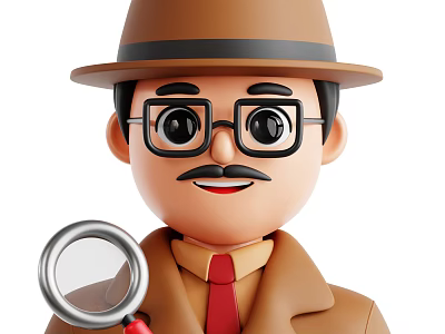 Man Wearing Brown Hat Glasses Mustache With Brown Trench Coat Red Tie And Magnifying Glass 3d model