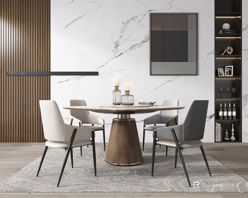Modern Round Dining Table Set With Wooden Base Upholstered White Gray Chairs And Marble Wall 3d model