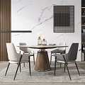 Modern Round Dining Table Set With Wooden Base Upholstered White Gray Chairs And Marble Wall 3d model