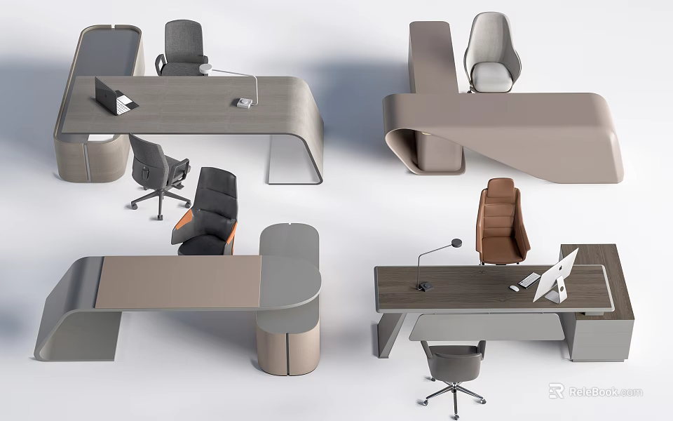 Modern Office Desk Designs With Ergonomic Chairs And Curved Shape Elements 3d model