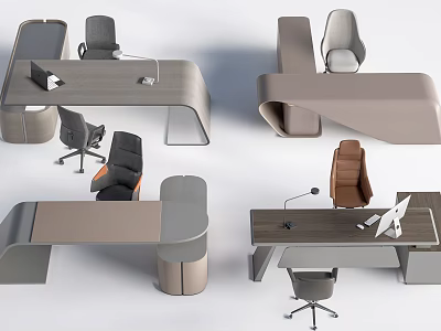 Modern Office Desk Designs With Ergonomic Chairs And Curved Shape Elements 3d model