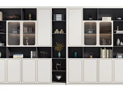 Modern Bookcase Design With White Cabinet Doors Glass Doors Open Shelves Books And Decorations 3d model