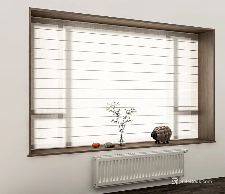 White Window Blinds with Wooden Frame on Windowsill with Vase Plant Pinecone Fruits and Radiator 3d model 