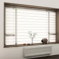 White Window Blinds with Wooden Frame on Windowsill with Vase Plant Pinecone Fruits and Radiator