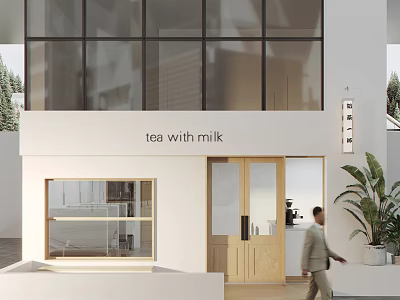 Modern Tea With Milk Shop Exterior With Glass Windows Plants And People Walking By 3d model