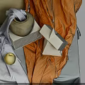 Still Life Composition With Orange Gray Fabrics Clay Pot Geometric Shape And Wooden Board