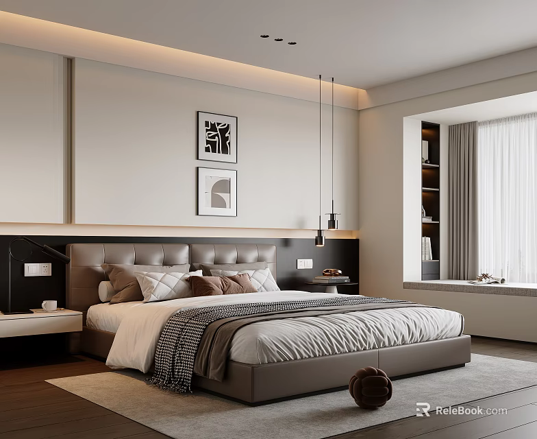 Modern Bedroom With Upholstered Headboard Decorative Paintings Large Window And Light Curtains 3d model 