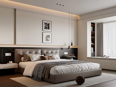 Modern Bedroom With Upholstered Headboard Decorative Paintings Large Window And Light Curtains 3d model