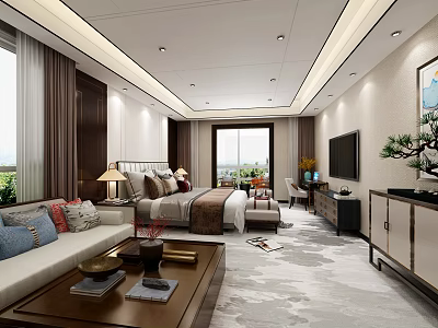 Modern Elegant Hotel Room Interior With King Bed Sofa TV Window And Decorations 3d model