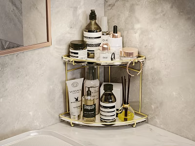Multi Tiered Gold Metal Bathroom Corner Shelf with Toiletries and Fragrance Storage 3d model