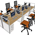 Modular Office Workstations with Computers Keyboards Drawers and Orange Task Chairs 3d model