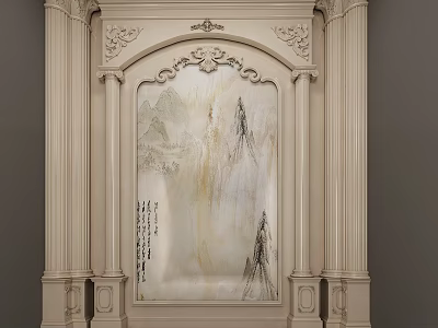 Chinese Style Marble Background Wall With Carved Frame And Landscape Painting 3d model