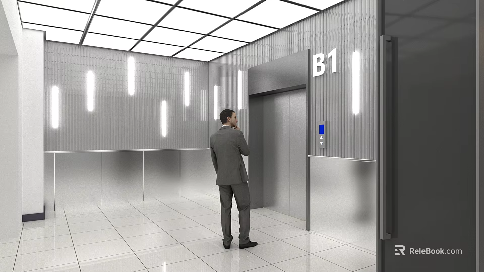 Modern Elevator Hallway With Man Waiting By B1 Silver Walls Strip Lights White Tiled Floor 3d model 