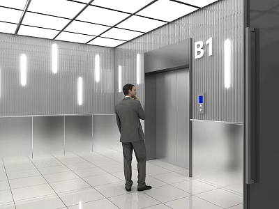 Modern Elevator Hallway With Man Waiting By B1 Silver Walls Strip Lights White Tiled Floor 3d model