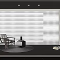 White Horizontal Blinds In Modern Living Room With Chair Side Table Lamp And Round Rug