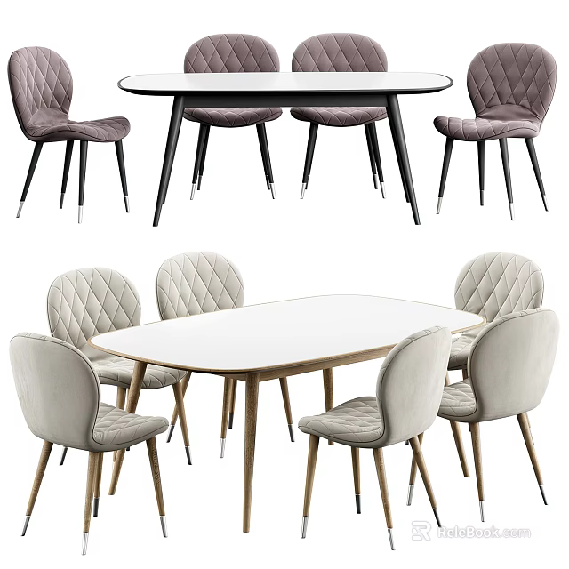 Modern Dining Sets With White Round And Oval Tables And Tufted Dark And Light Chairs 3d model