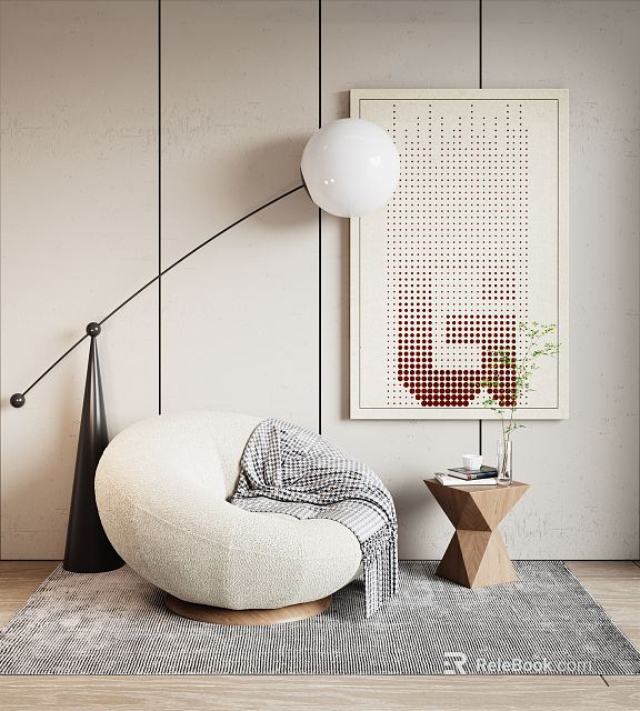 Modern Round White Single Sofa With Gray Blanket And Wooden Side Table Green Plant 3d model 