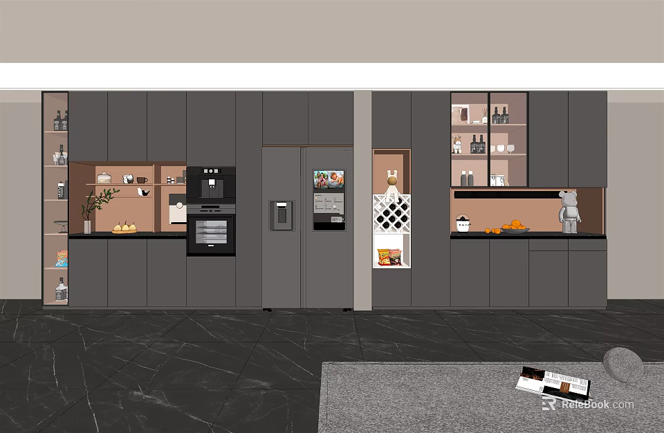 Modern Open Kitchen Interior Design With Stylish Wine Cabinet And Glass Doors 3d model 