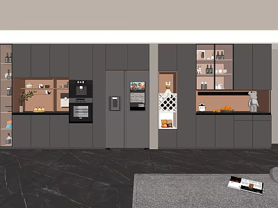 Modern Open Kitchen Interior Design With Stylish Wine Cabinet And Glass Doors 3d model