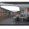 Modern Public Office Space Interior With Wooden Bookshelves Tables Computers Chairs And Plants