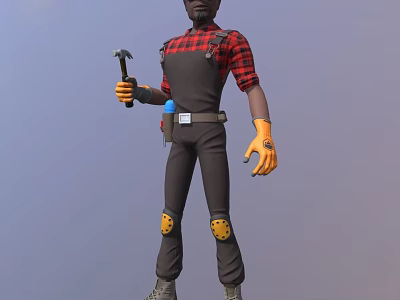 Man in Red Black Plaid Shirt and Overalls with Hammer Tool Belt and Knee Pads 3d model
