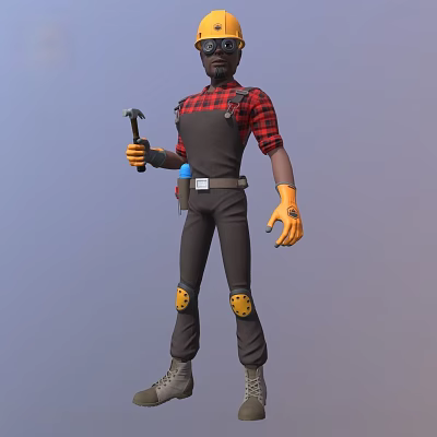 Man in Red Black Plaid Shirt and Overalls with Hammer Tool Belt and Knee Pads 3d model