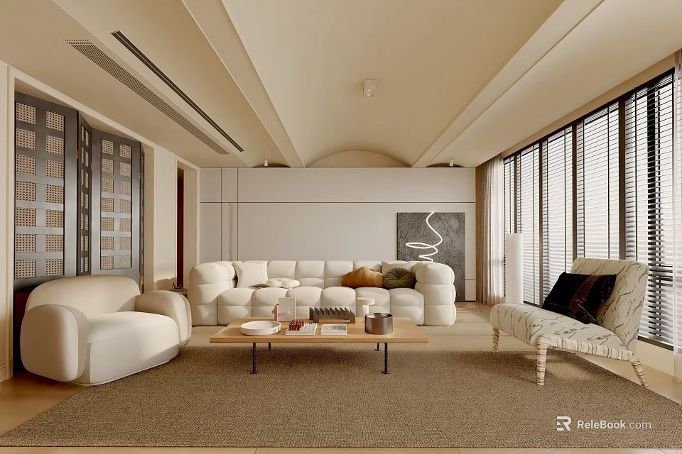 Modern Living Room Interior Design With White Sofa Coffee Table Beige Rug And Large Windows 3d model 