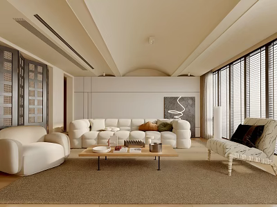 Modern Living Room Interior Design With White Sofa Coffee Table Beige Rug And Large Windows 3d model