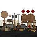 Garden Ornaments With Traditional Farm Tools Bamboo Sieve Stone Mortar Harvest And Red Prosperity Symbols