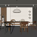 Elegant Restaurant Interior With Wooden Dining Table And Decorative Wall Art