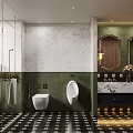 Elegant Modern Bathroom Interior With Green Walls Black White Floor Tiles And Marble Vanity