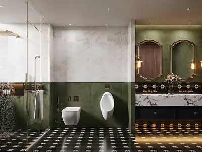 Elegant Modern Bathroom Interior With Green Walls Black White Floor Tiles And Marble Vanity 3d model