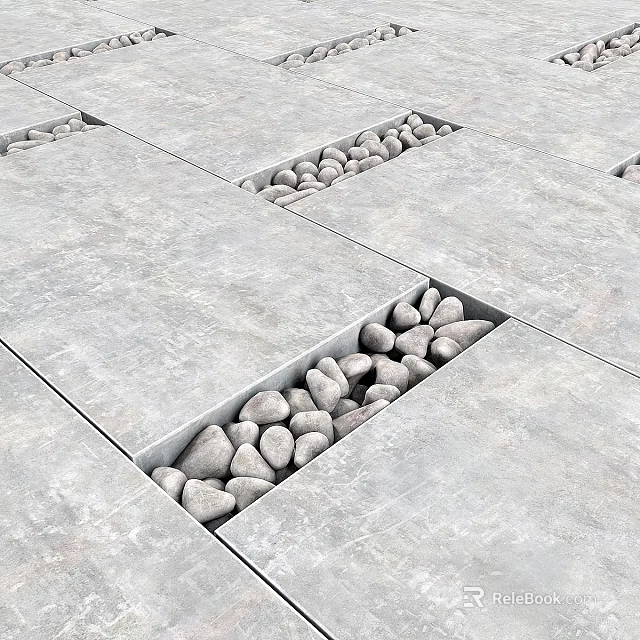 Grey Square Floor Tiles With Rectangular Pebble Inlay Patterns 3d model 