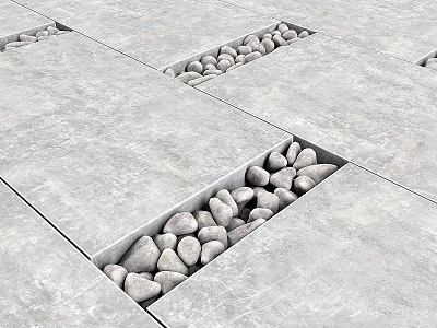Grey Square Floor Tiles With Rectangular Pebble Inlay Patterns 3d model
