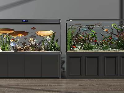 Stylish Double Aquarium Setup With Colorful Fish Aquatic Plants Decorations And Cabinet Bases 3d model