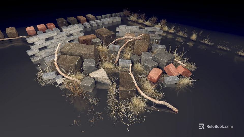 Rustic Landscape With Gray Bricks Brown Stones Dry Grass Dead Branches Against Dark Background 3d model