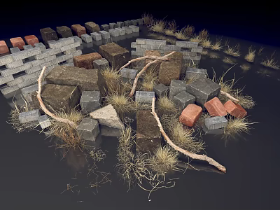 Rustic Landscape With Gray Bricks Brown Stones Dry Grass Dead Branches Against Dark Background 3d model