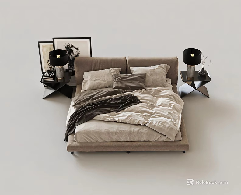 Modern Double Bed with Beige Gray Bedding Light Brown Headboard Black Nightstands and Table Lamps 3d model 