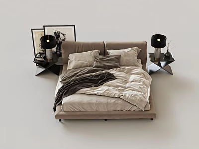 Modern Double Bed with Beige Gray Bedding Light Brown Headboard Black Nightstands and Table Lamps 3d model