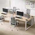 Modern Office Desk in Open Office Space with Multiple Computer Monitors Office Chairs and Whiteboard