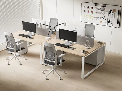 Modern Office Desk in Open Office Space with Multiple Computer Monitors Office Chairs and Whiteboard 3d model