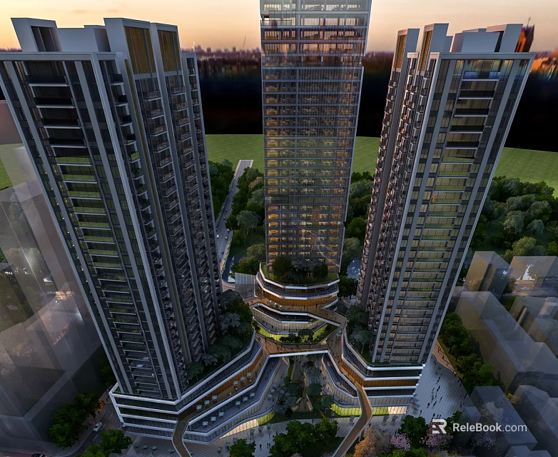 Modern High Rise Residential Buildings With Green Landscaping Balconies And Glass Facades 3d model 